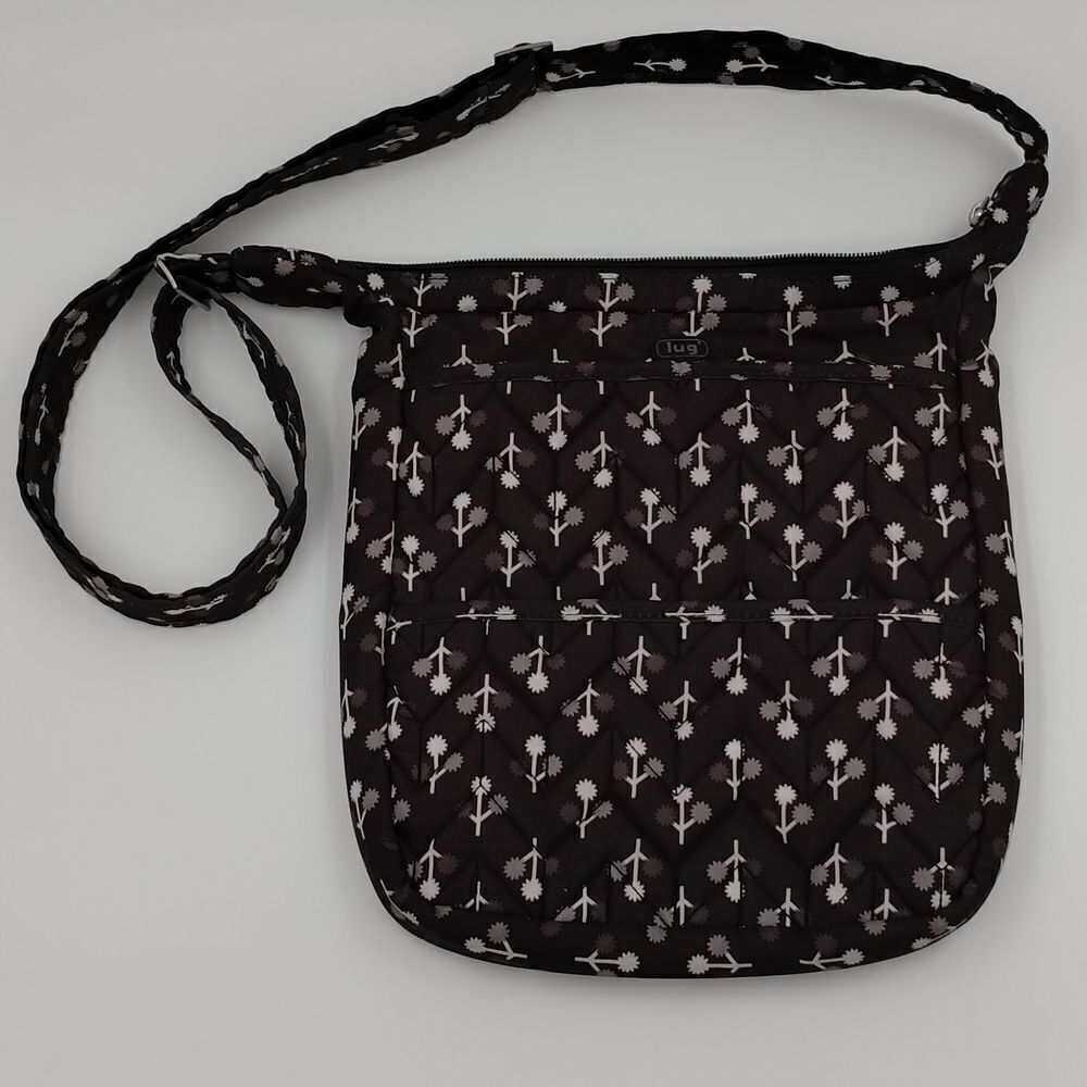 LUG crossbody bag black white tiny floral motif adjustable strap LUG